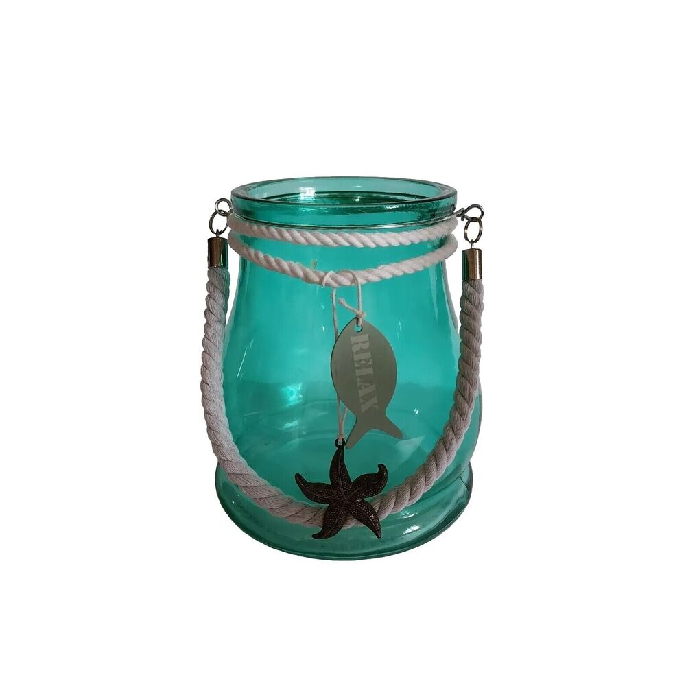 Nautical Coastal Beach Candle Jar with Starfish, Fish, Sea Glass, Sand & Pebbles